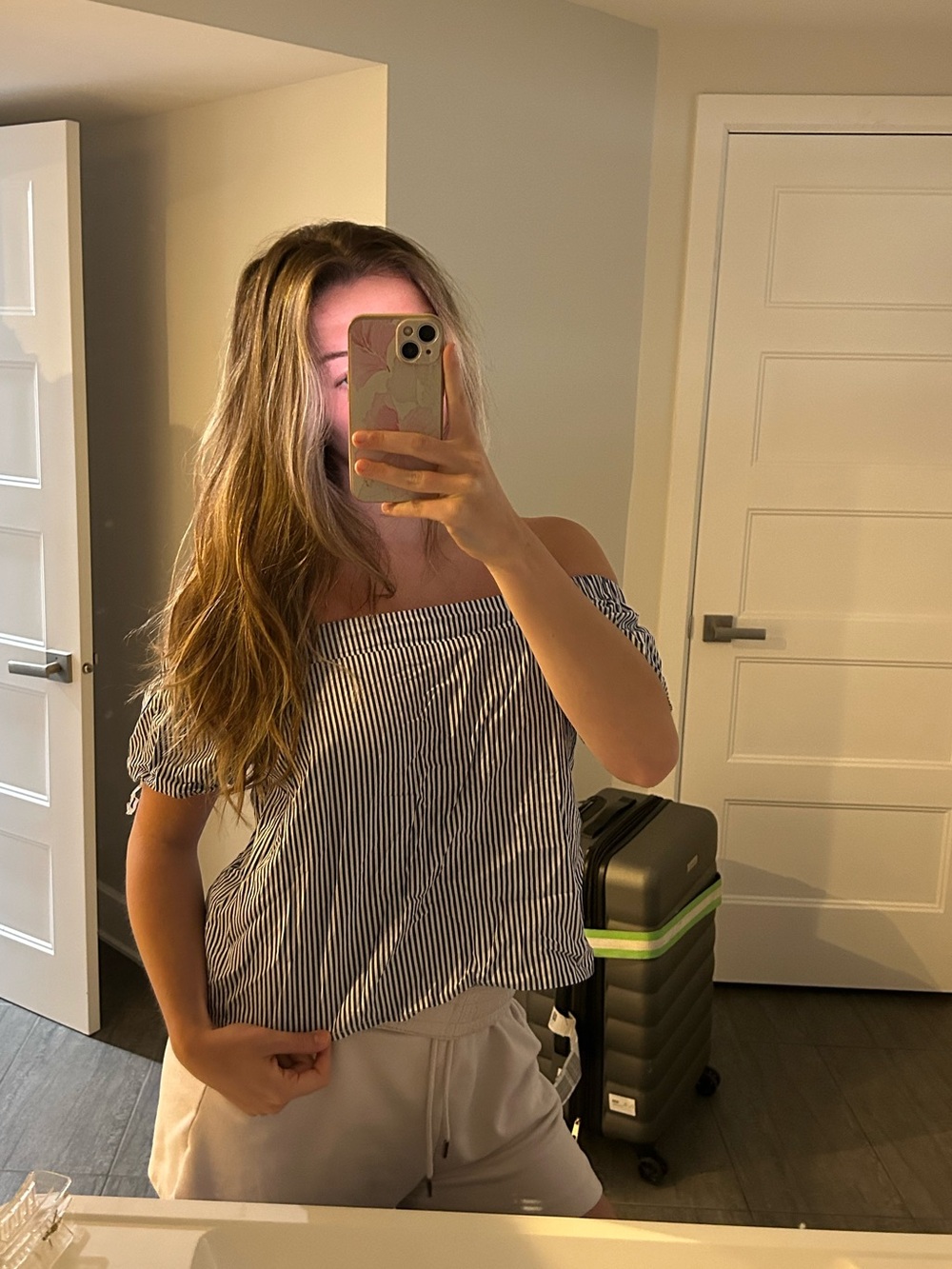 100% cotton — Striped Off-Shoulder Women’s Top in Blue and White